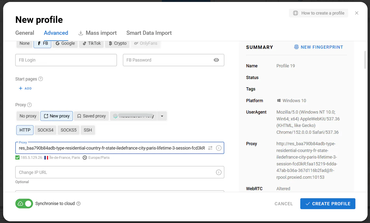 Setting up a new browser profile with Facebook login and a proxy