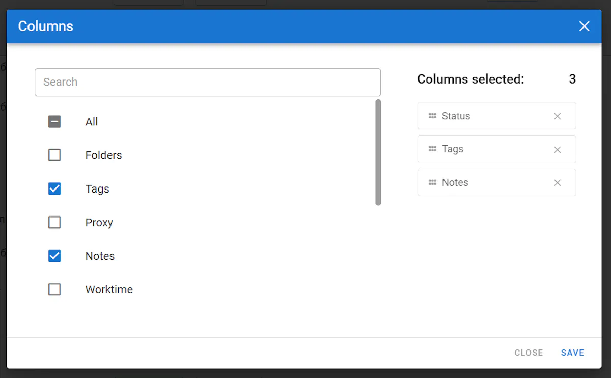 Selecting which columns to display in the Dolphin Anty profile list