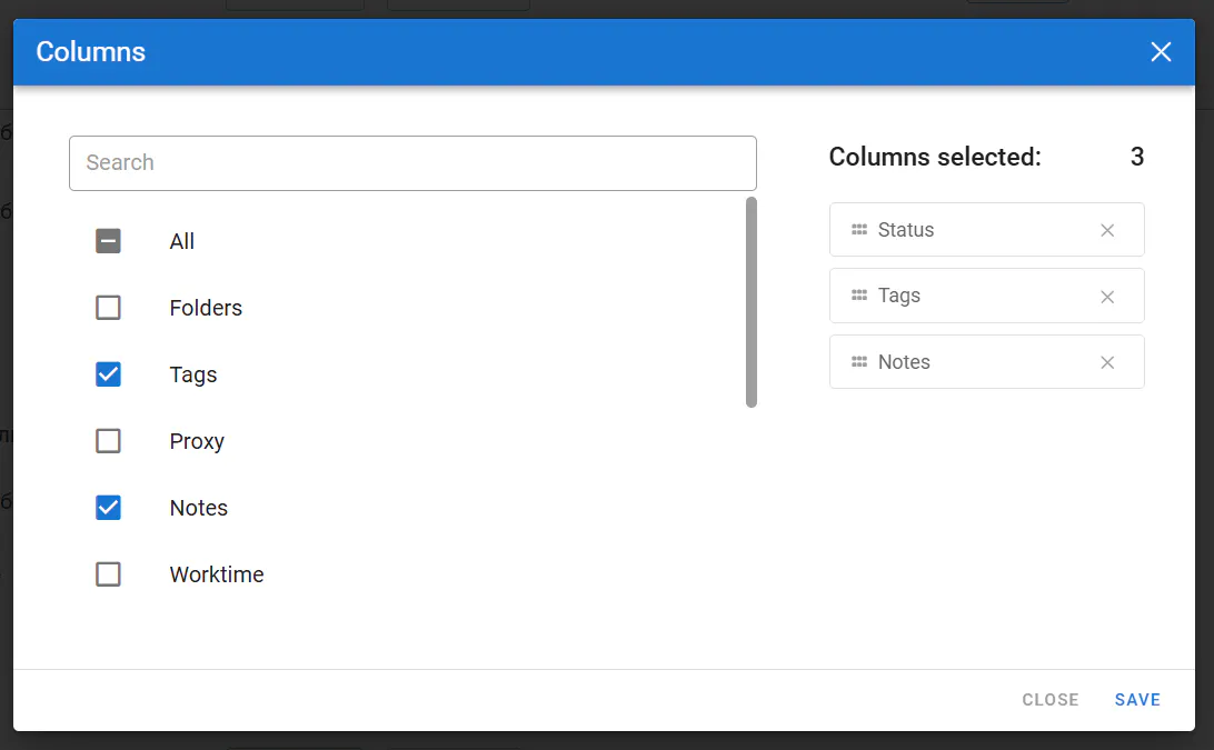 Selecting which columns to display in the Dolphin Anty profile list