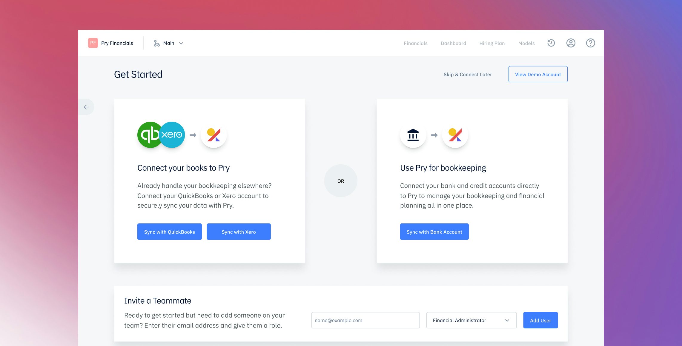 Pry bookkeeping showing get started page to connect QBO/Xero or US banks via Plaid