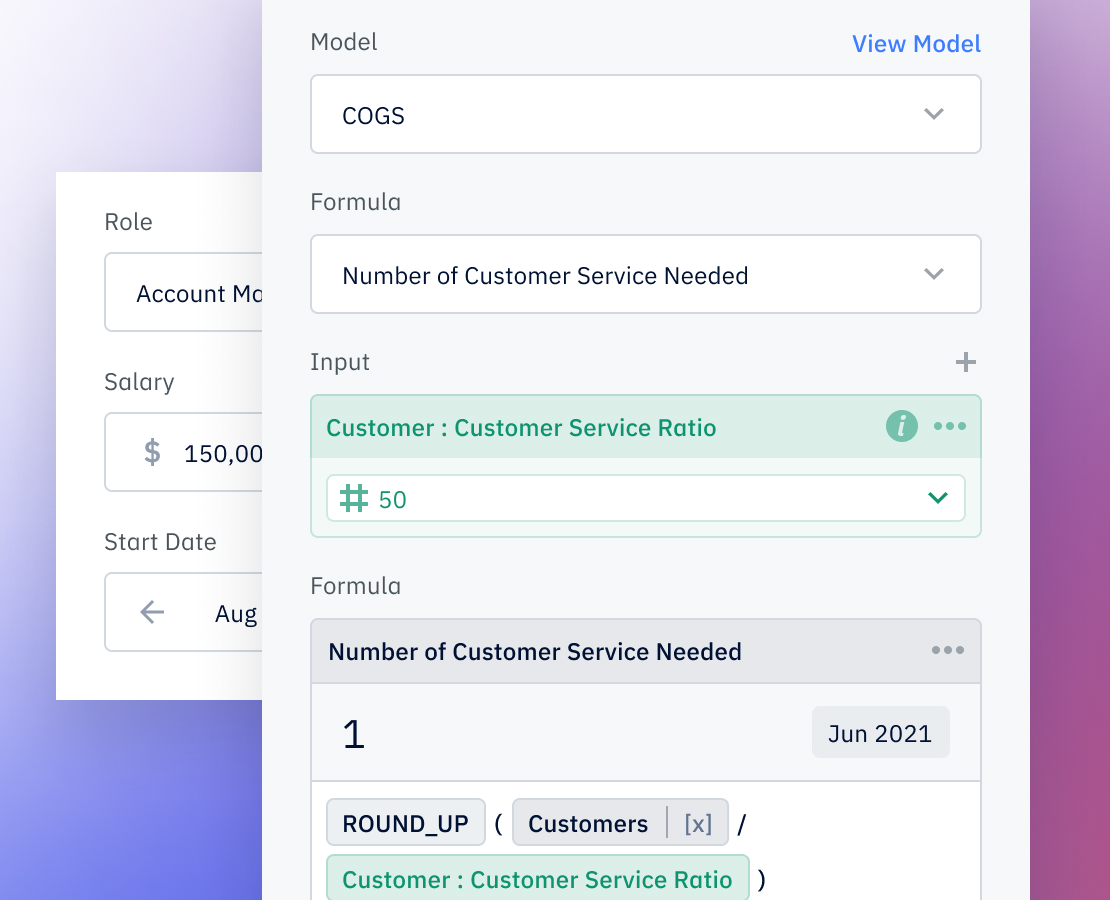 Pry hiring plan showing formulas to plan for new hires based on revenue or customer goals