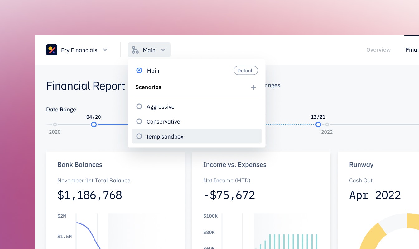 Pry scenario planning showing scenarios drop-down on financials page