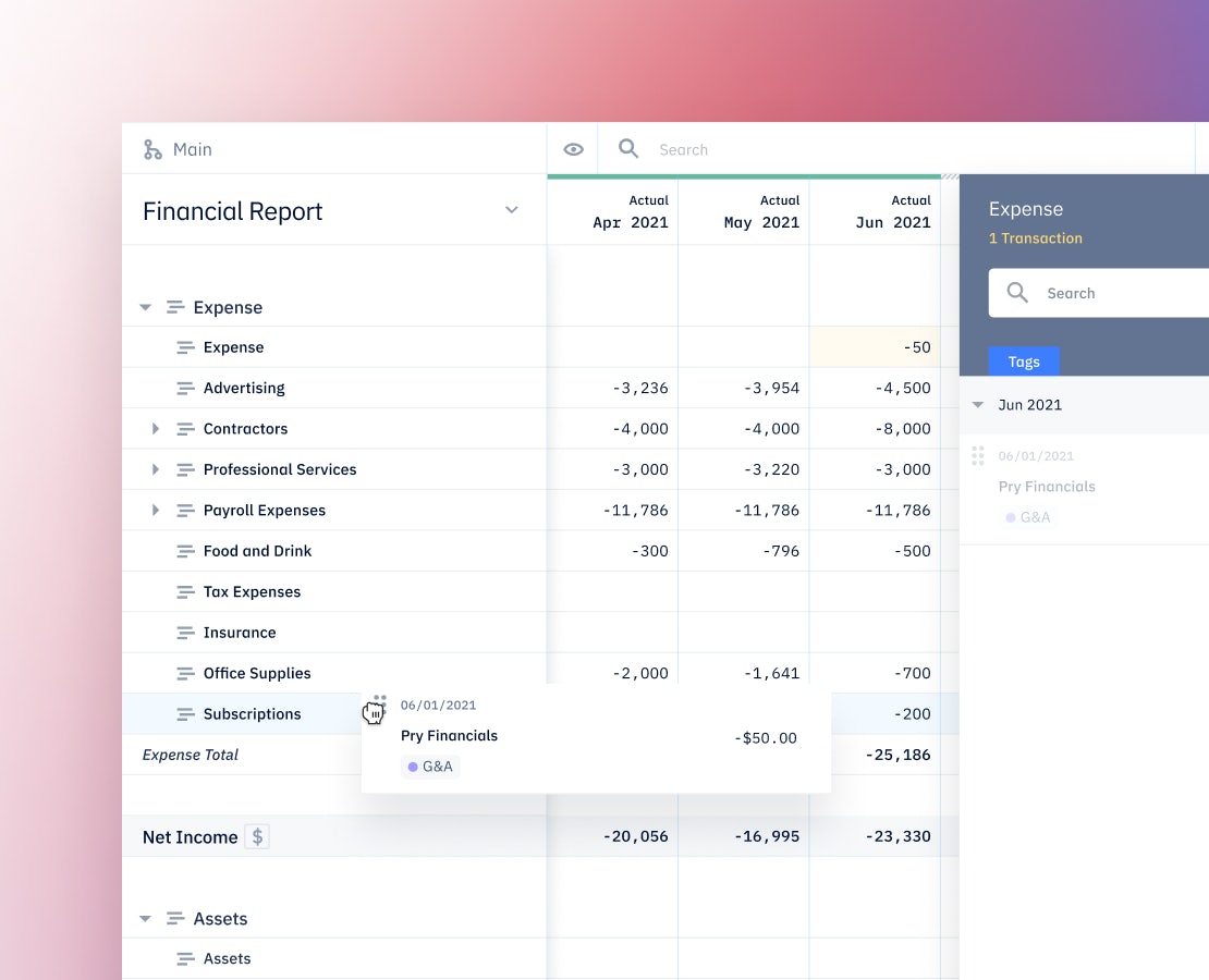 Pry bookkeeping showing drag & drop to categorize transactions