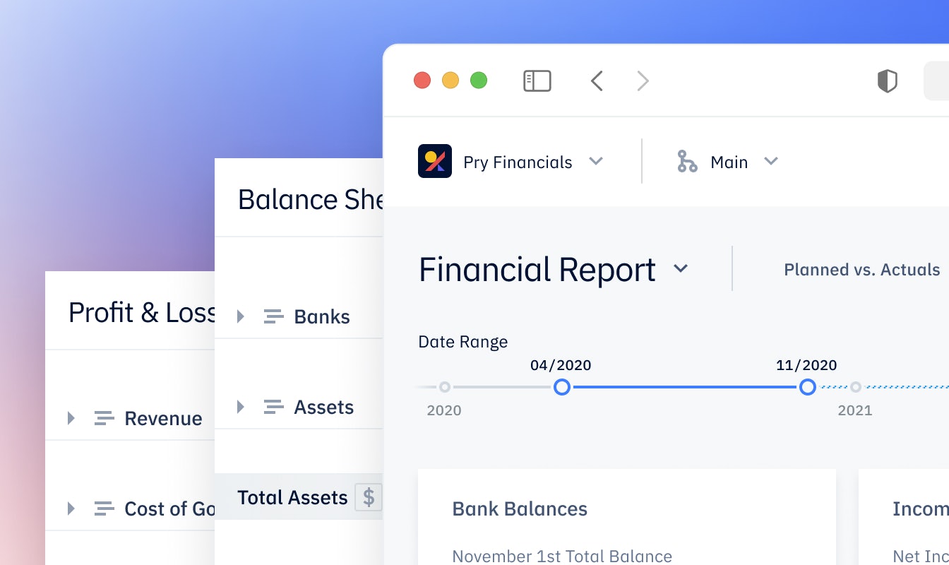 Pry 3-way forecast with profit & loss, balance sheet, and cashflow projections