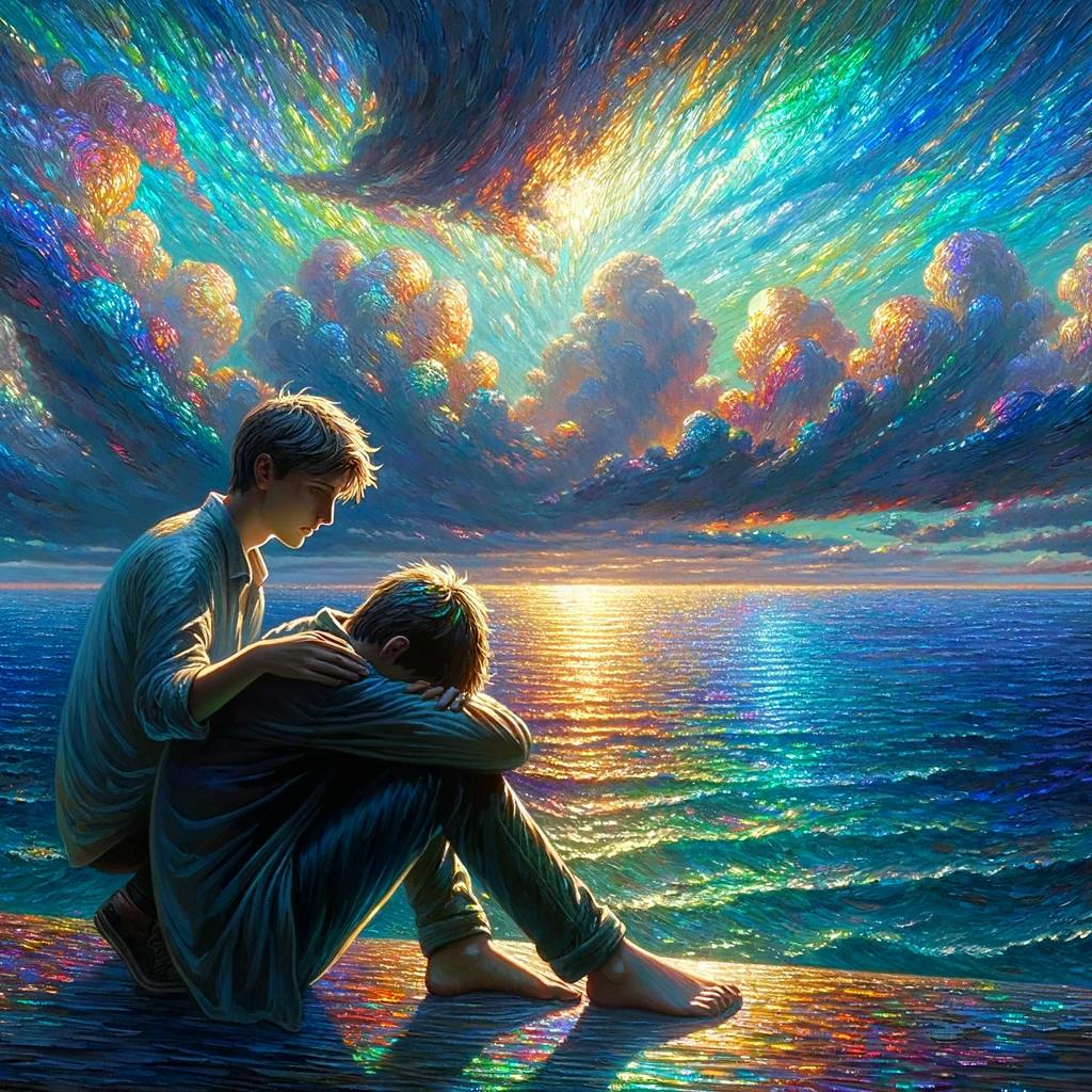 Una persona consolando a otra con una mano en su hombro, sentados juntos frente a un atardecer vibrante sobre el océano.