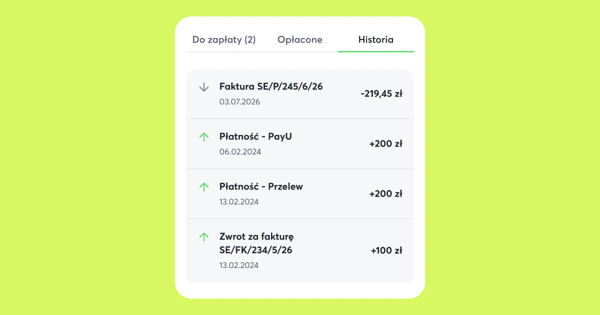 Historia na ekranie płatności - 4 transakcje salda - zwrot, 2 płatności oraz faktura.
