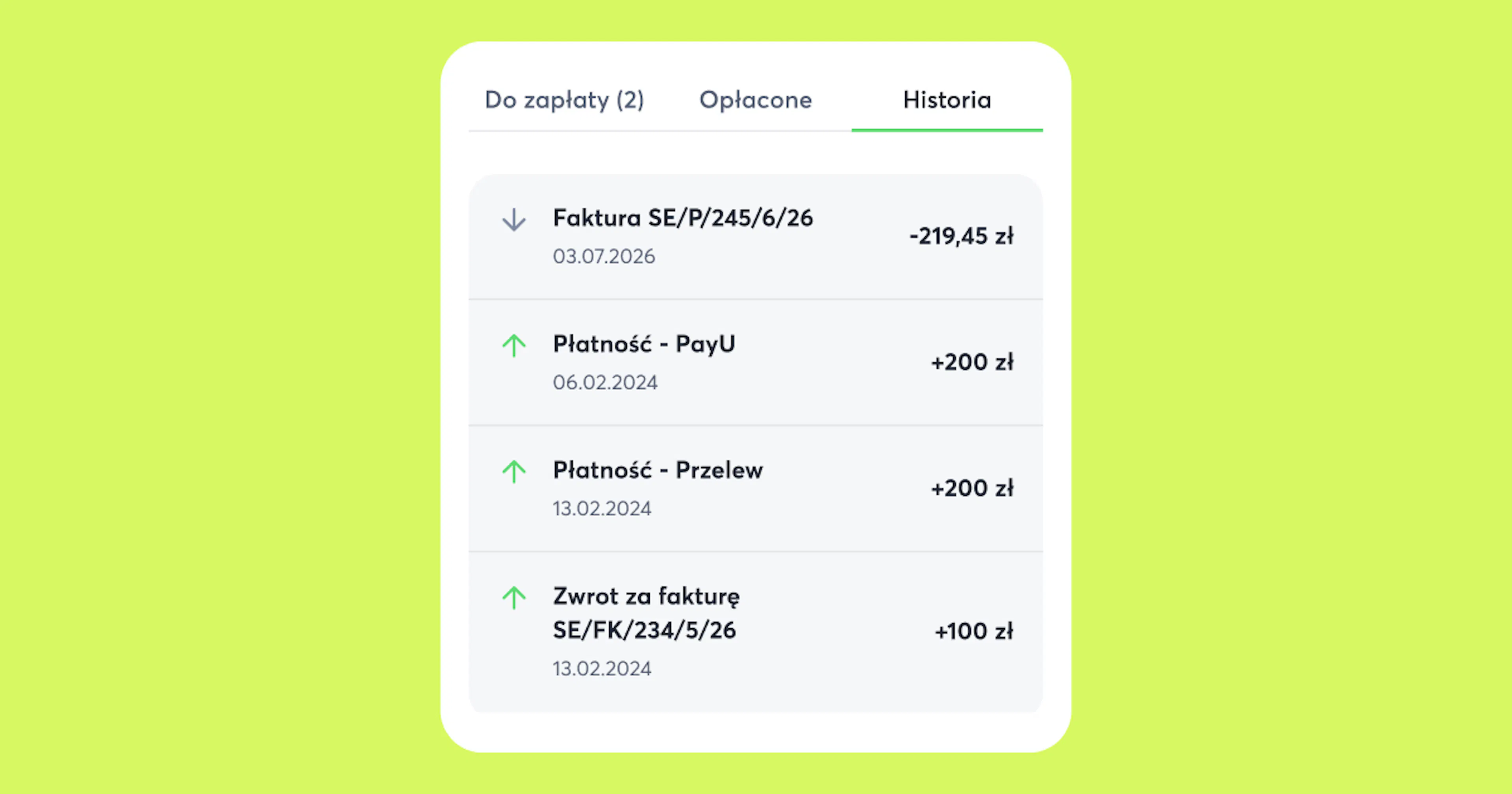 Historia na ekranie płatności - 4 transakcje salda - zwrot, 2 płatności oraz faktura.
