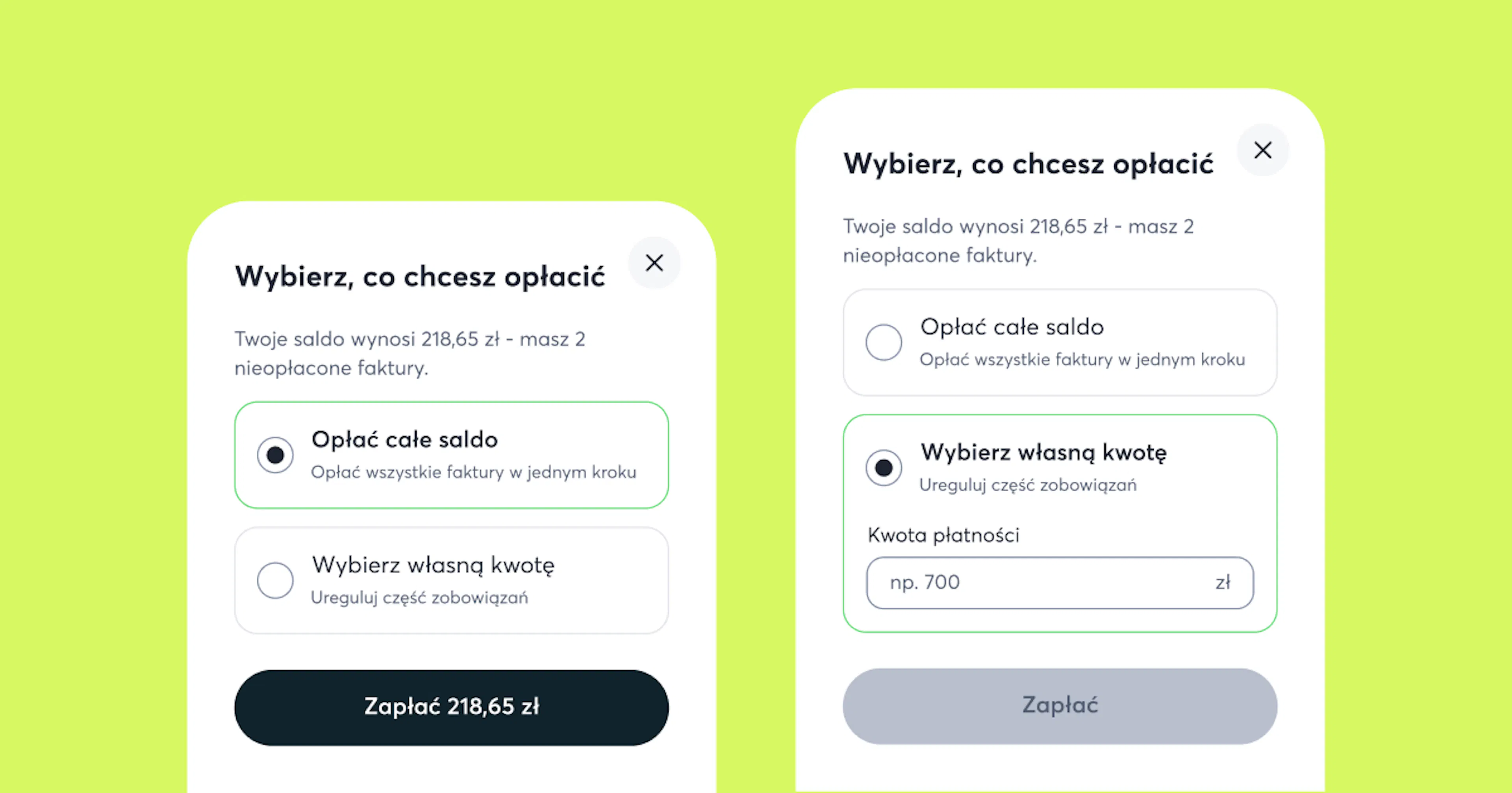 Dwa panele umożliwiające wybór płatności za całe saldo vs. własna wpisana kwota.