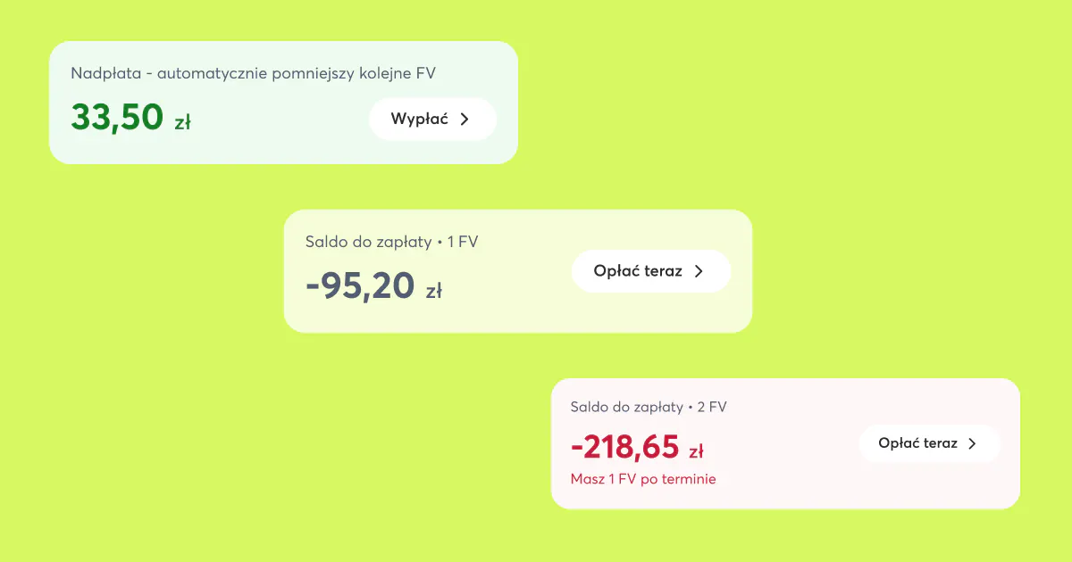 Trzy alternatywy komponentu z saldem - nadpłata, saldo do zapłaty i czerwone przeterminowane saldo do zapłaty.