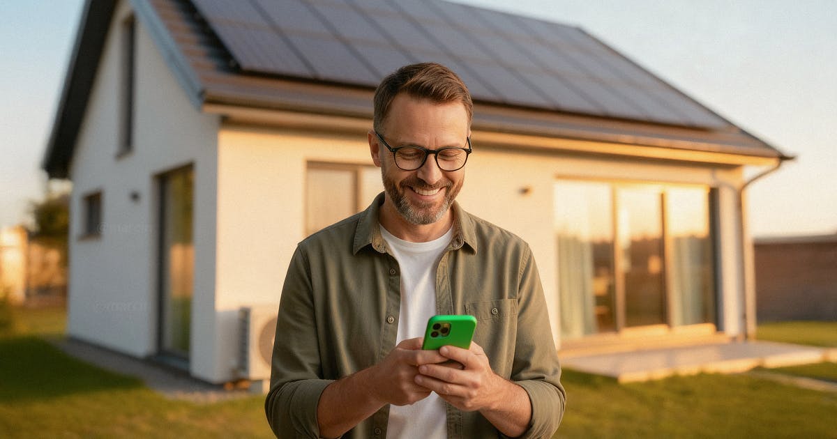 Mężczyzna trzymający smartfon w ręce, na tle nowoczesnego domu