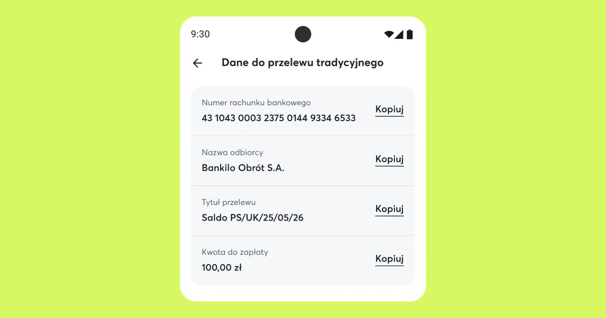 Dane do przelewu w aplikacji Pstryk