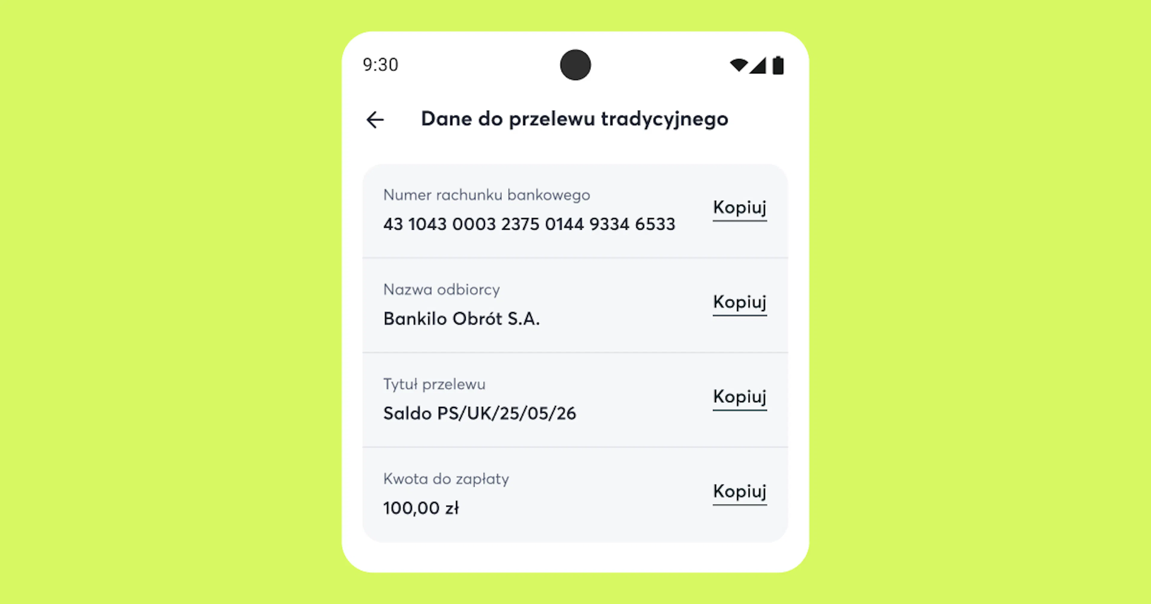 Dane do przelewu w aplikacji Pstryk