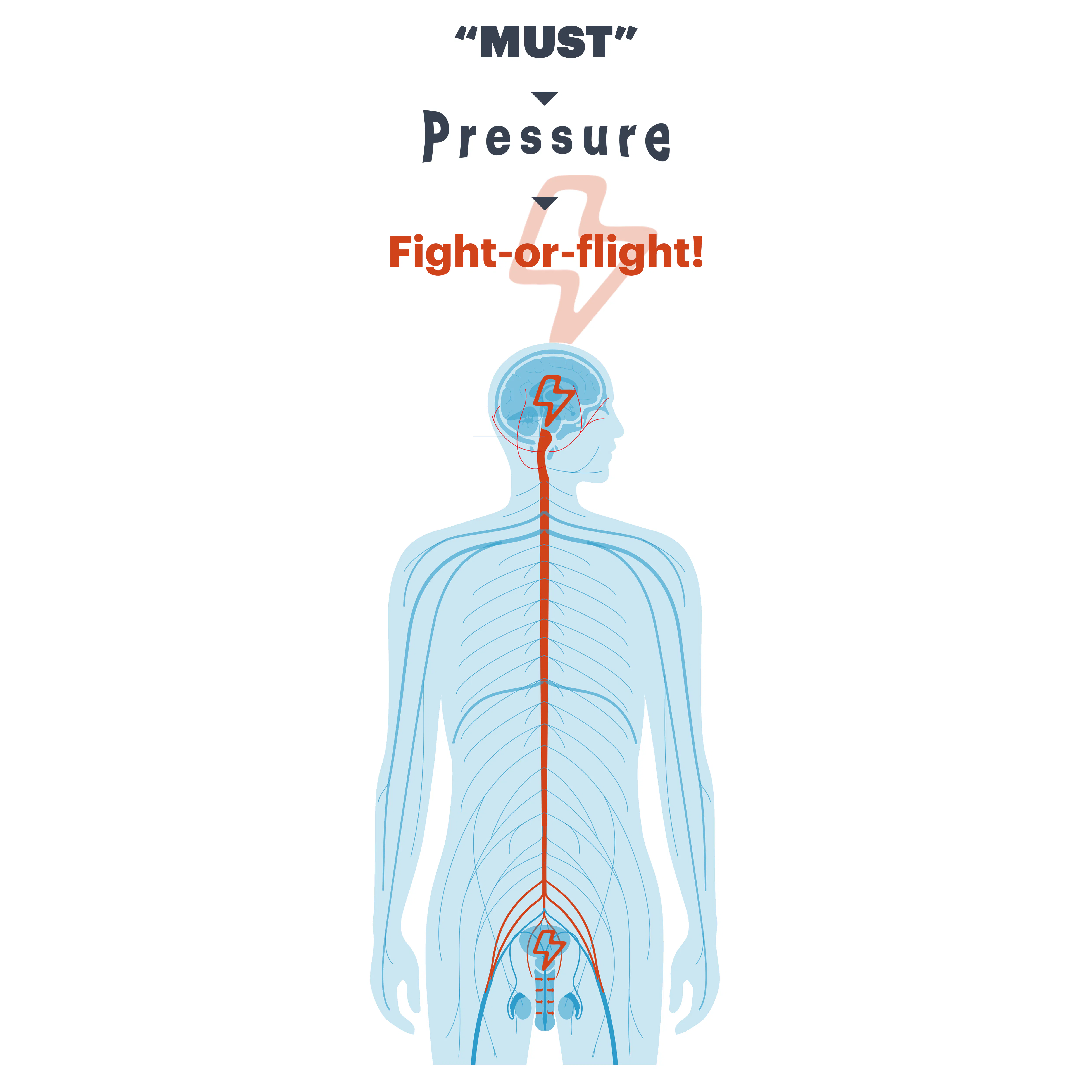 Infographic showing how "musts" Drive mental pressure which triggers the fight or flight system in the body. Graphic shows a lightning bolt in the brain sending a signal to a lightning bolt down in the crotch area.