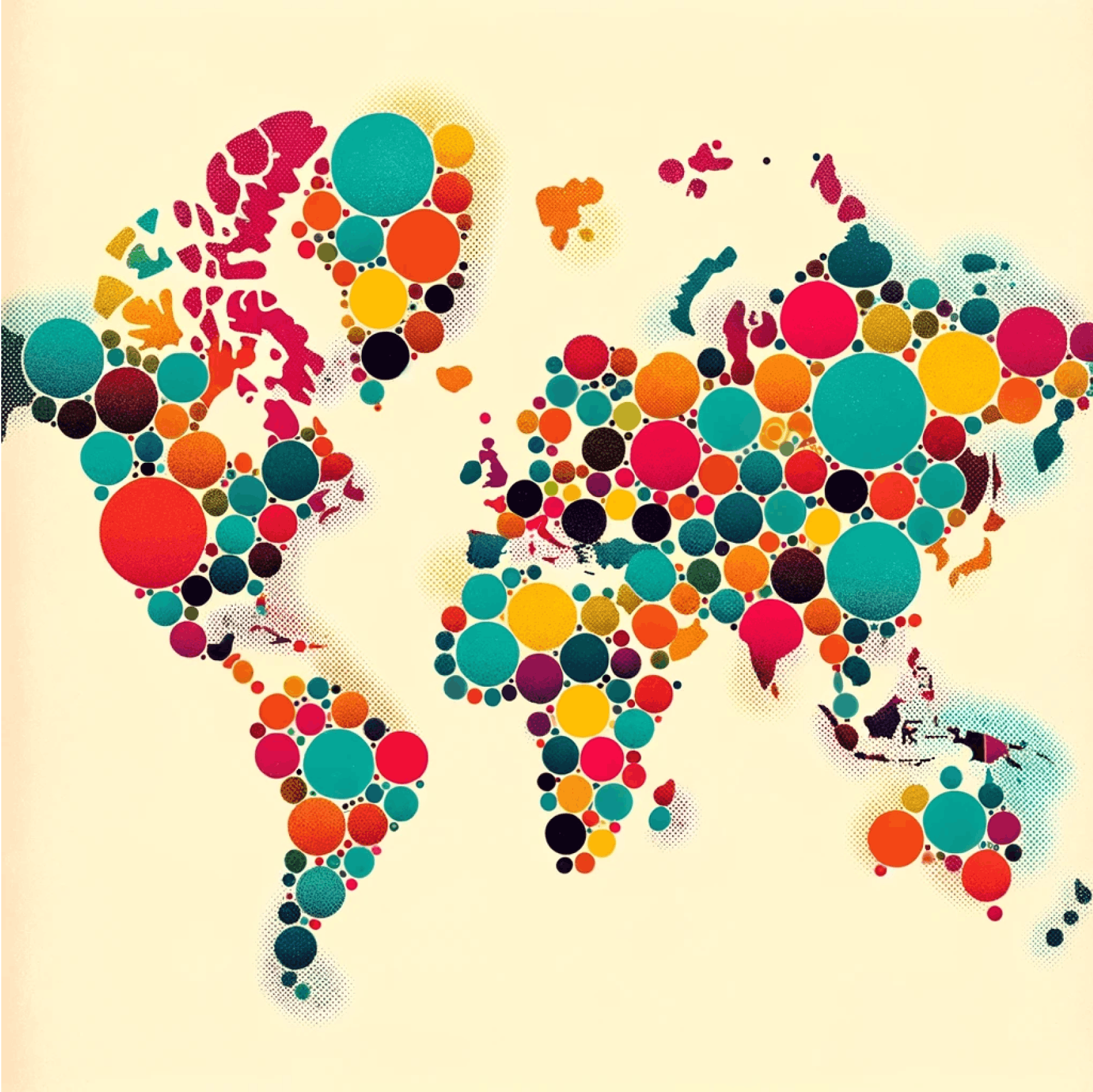 A collection of circles that outlines the map of the world.