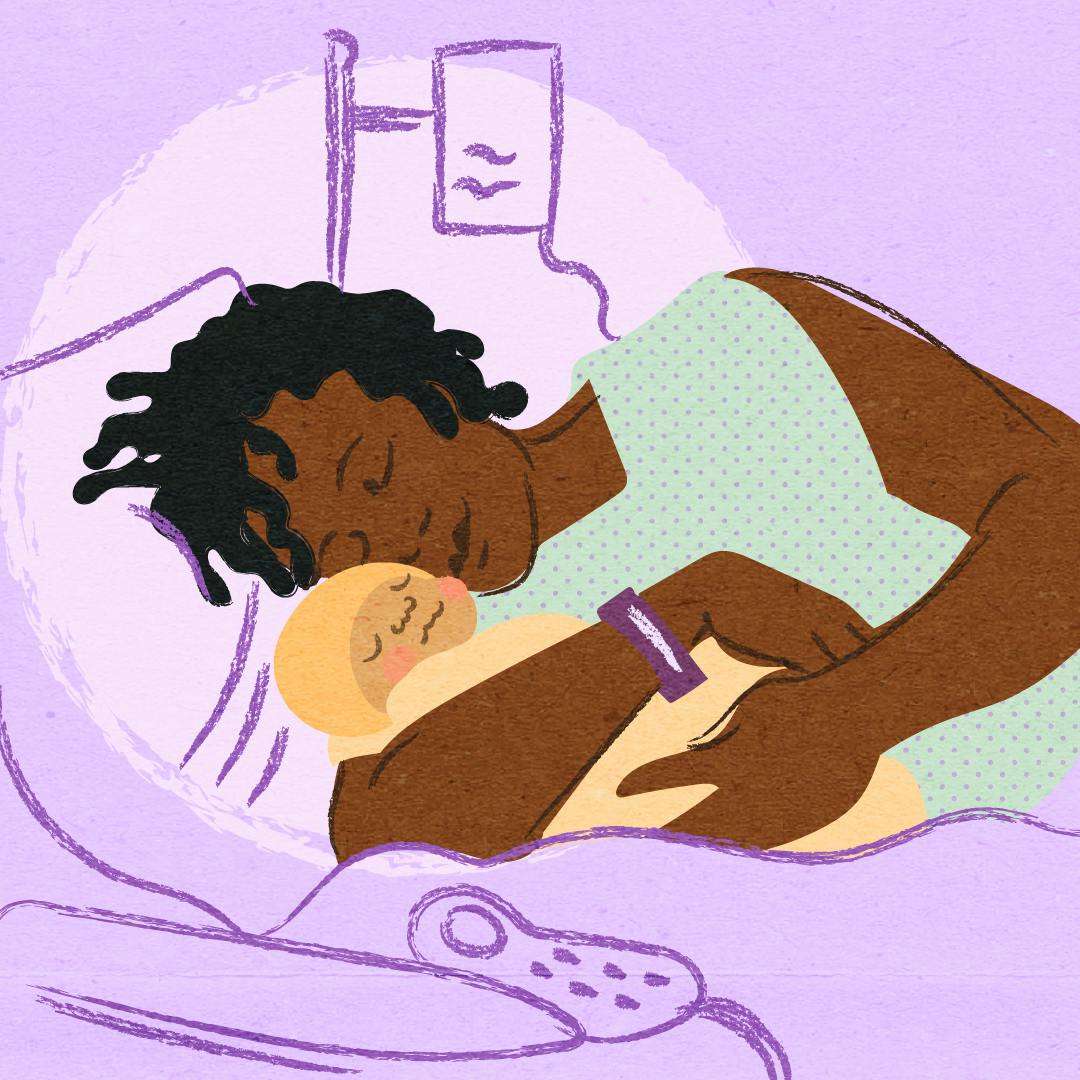 An illustration of a woman with her newborn laying on a bed