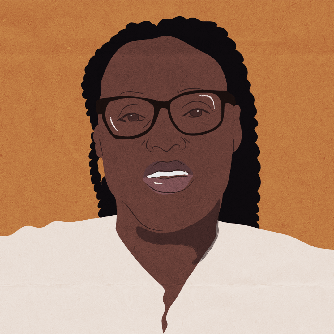 An illustration of a lady wearing glasses in front of an orange background