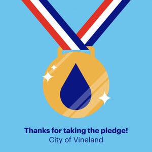 An illustration of a gold medal with the text: Thanks for taking the pledge! City of Vineland