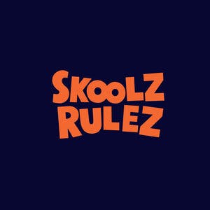 Skoolz Rulez logo with a dark blue background