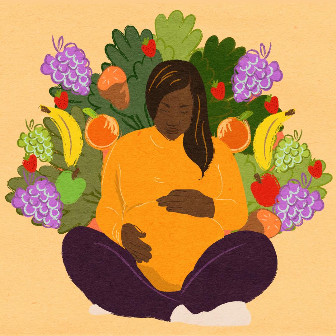 An illustration of a pregnant woman sitting down in front of a bush with fruits