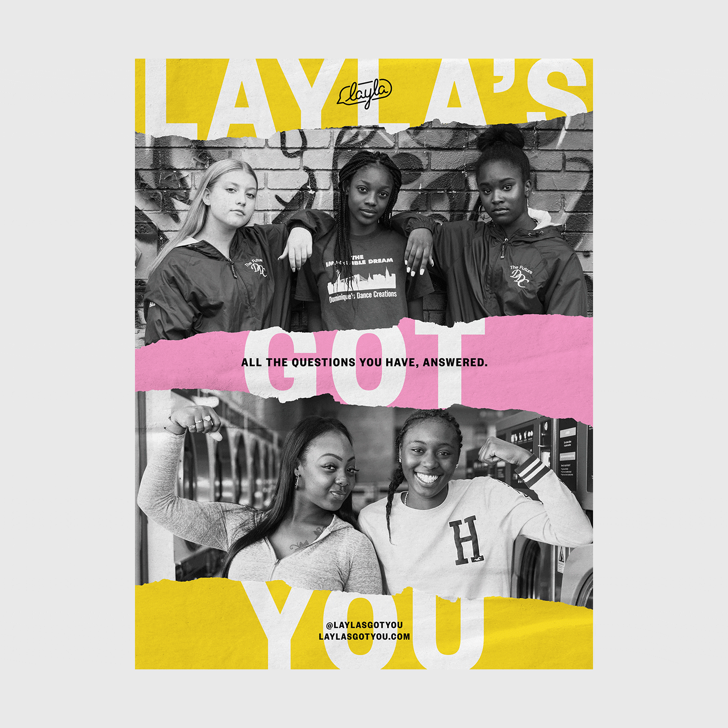An animation of different photos of different people with the text: Layla's got you