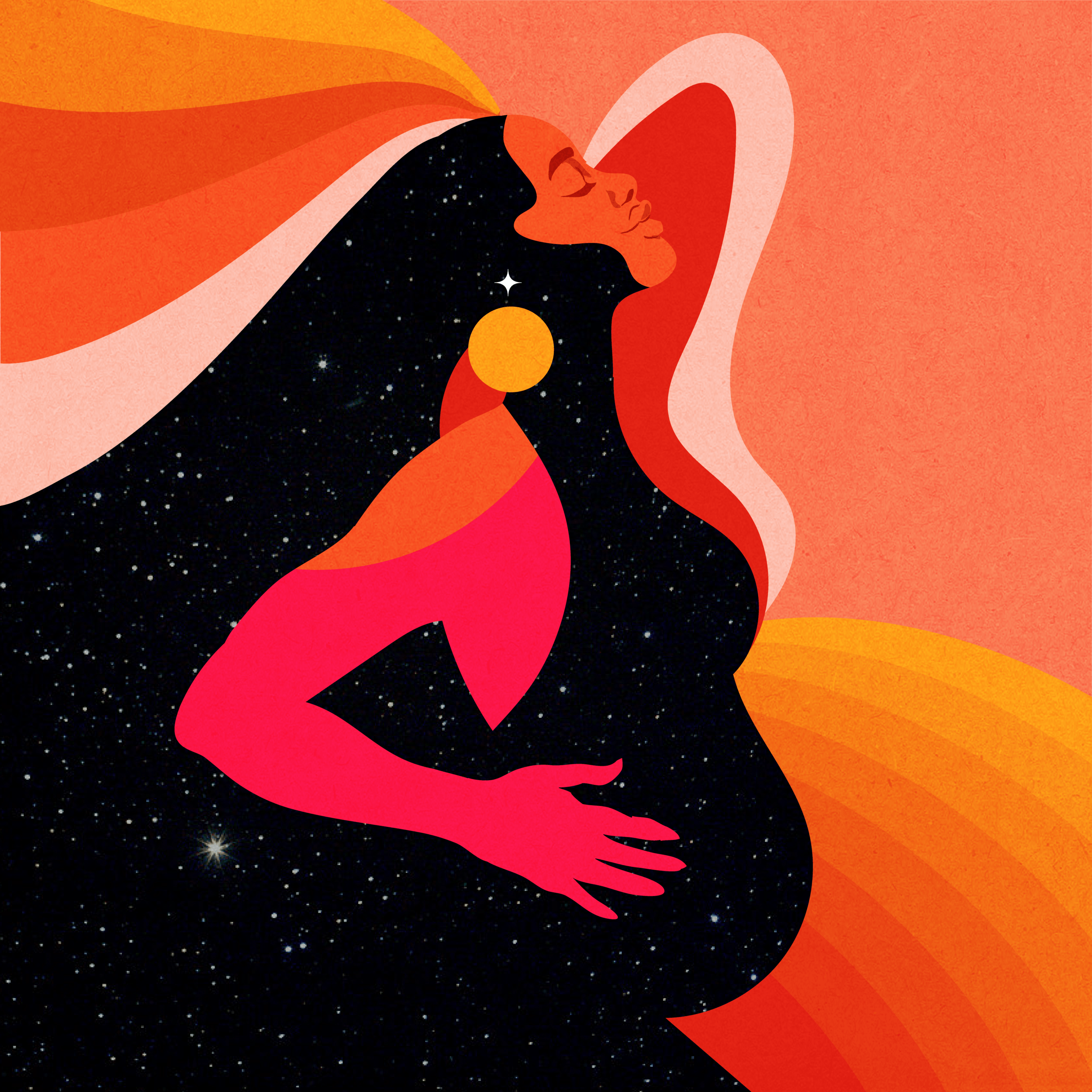 An illustration of a pregnant woman standing in front of an orange background