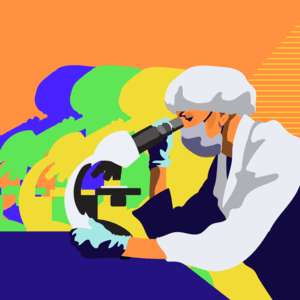 An illustration of a medical worker looking  into a microscope