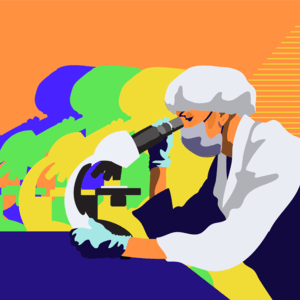 An illustration of a medical worker looking into a microscope