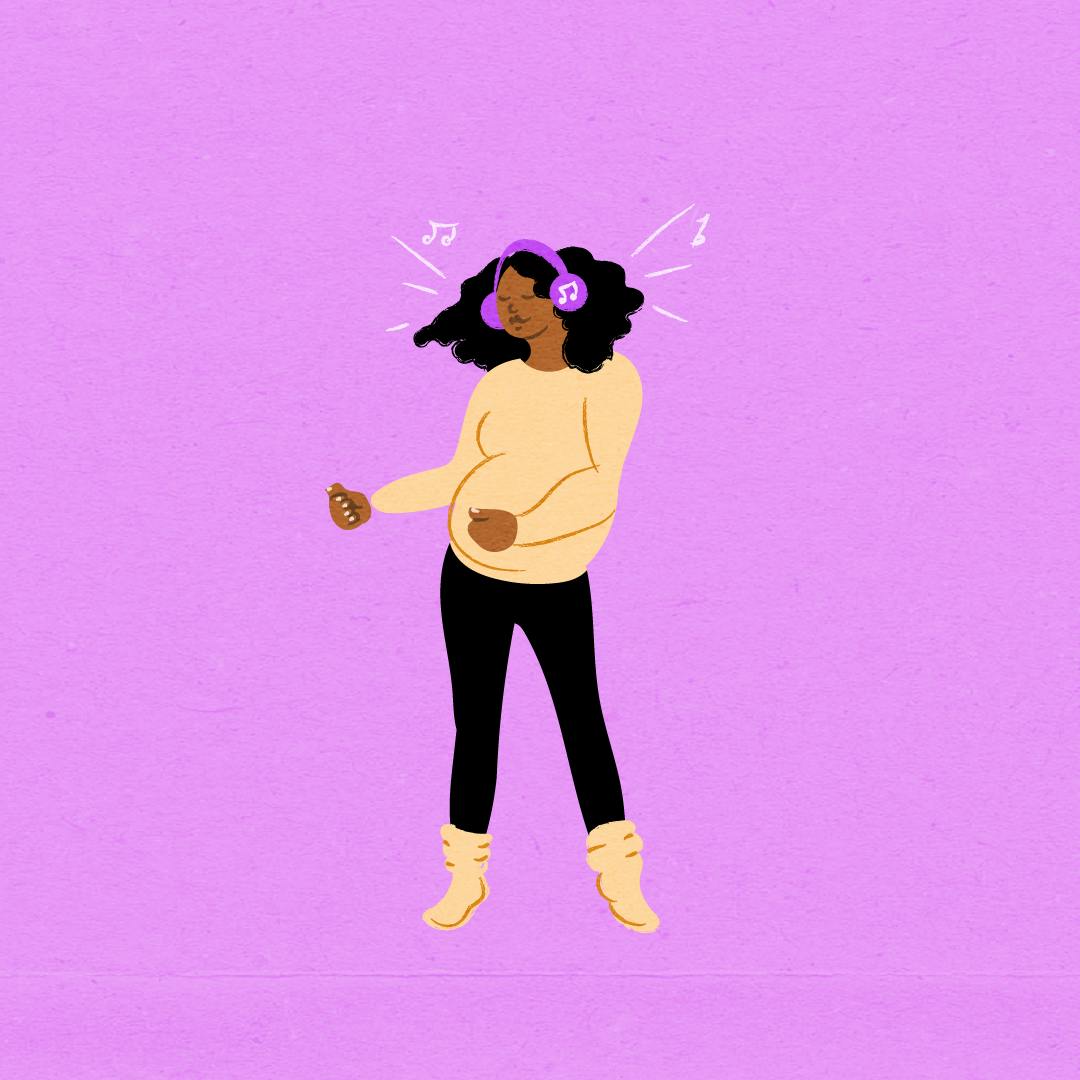 An illustration of a person dancing in front of a purple background