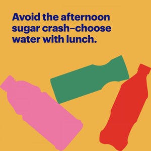 An illustration of soda bottles with the text: Avoid the afternoon sugar crash-choose water with lunch.