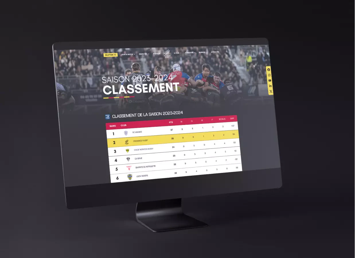 Mise en situation sur grand écran du nouveau site internet de Provence Rugby réalisé par l'agence Publicom
