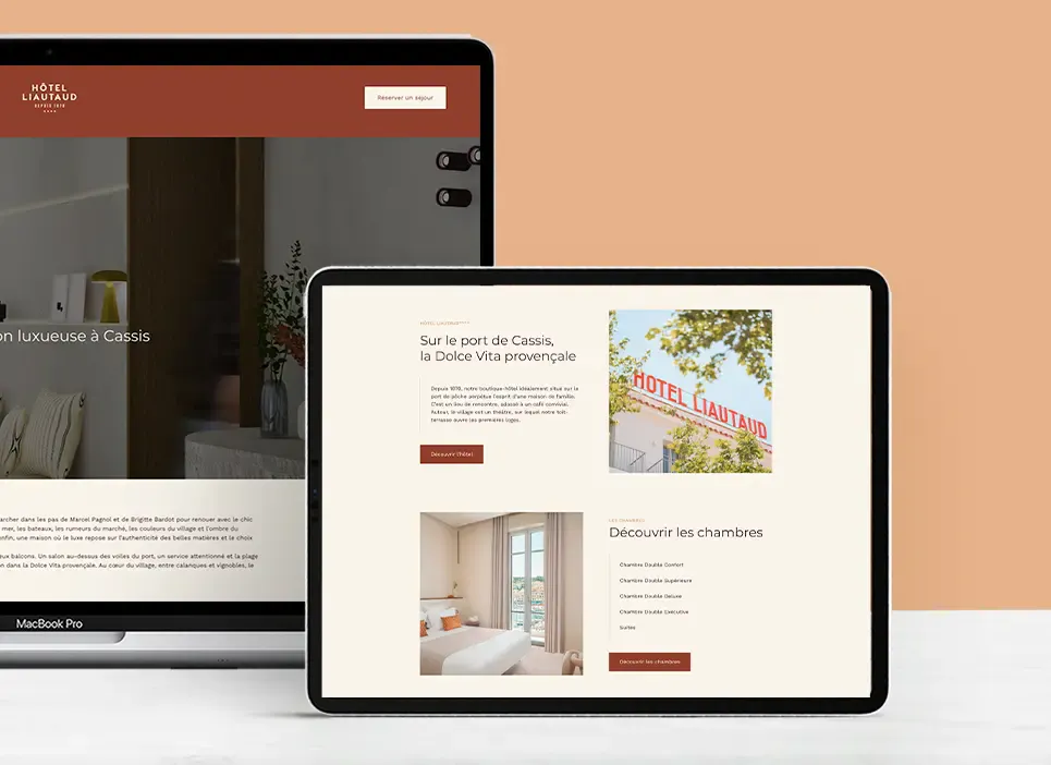 Mise en situation du nouveau site internet de l'Hôtel Liautaud intégré sur WordPress par l'agence design et digitale Publicom