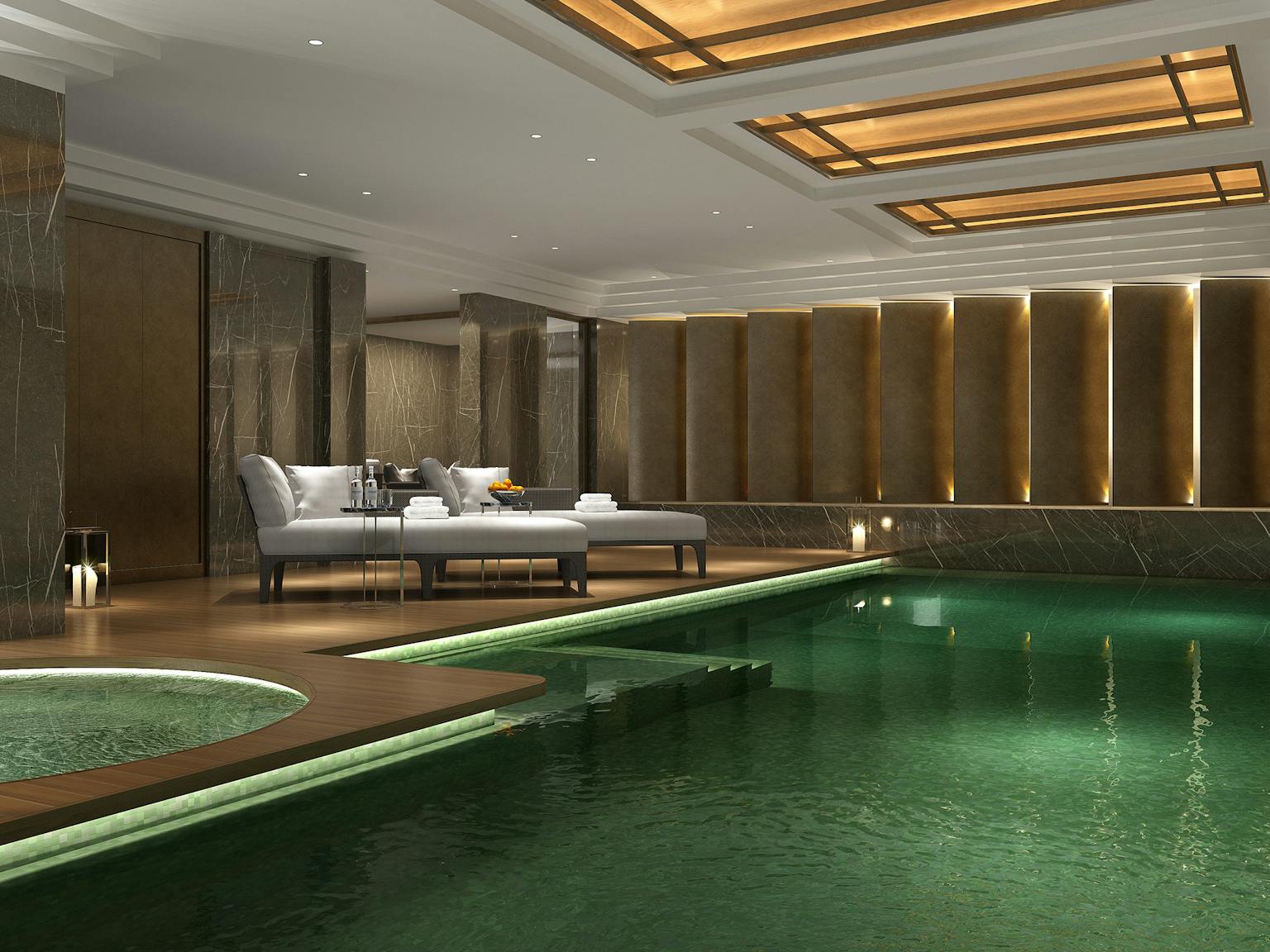 A luxurious spa with swimming pool has been created in the new basement.