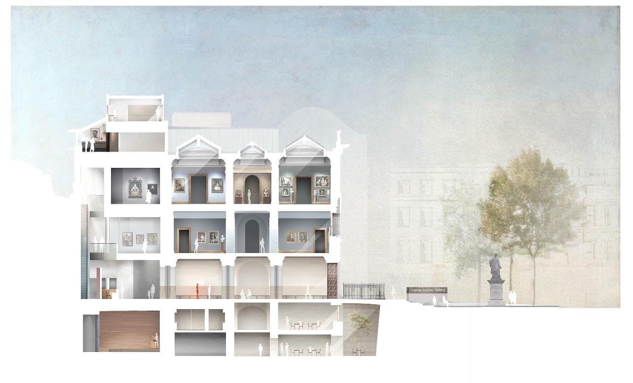 Cross section through galleries new entrance hall and forecourt, Jamie Fobert Architects