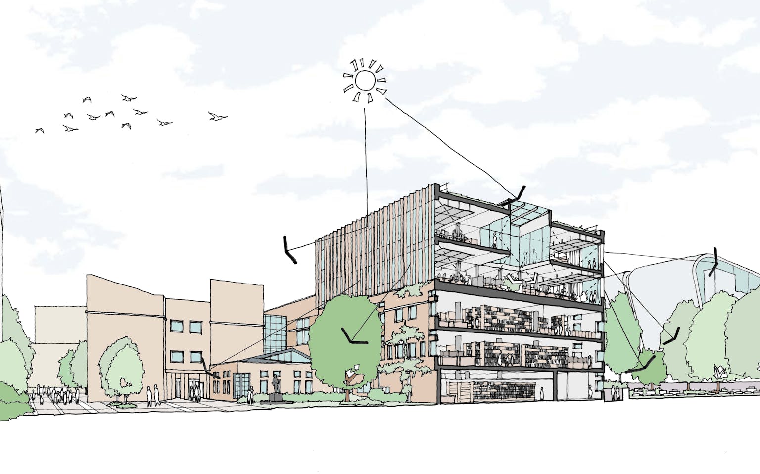 Sketch of the Queen Mary University Library sections