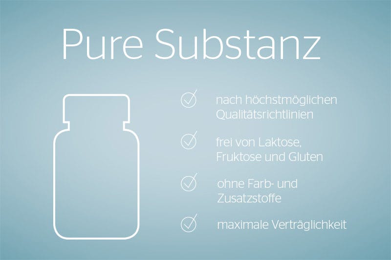 Reinsubstanzen sind frei von Laktose, Fruktose und Gluten und kommen auch sonst ohne künstliche Zusatzstoffe aus.