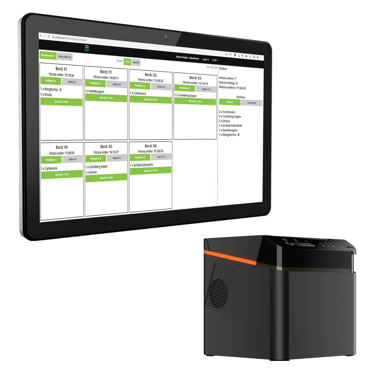 KDS-skärm (kitchen display system) som visar orderstatus i realtid för effektivare kökshantering.