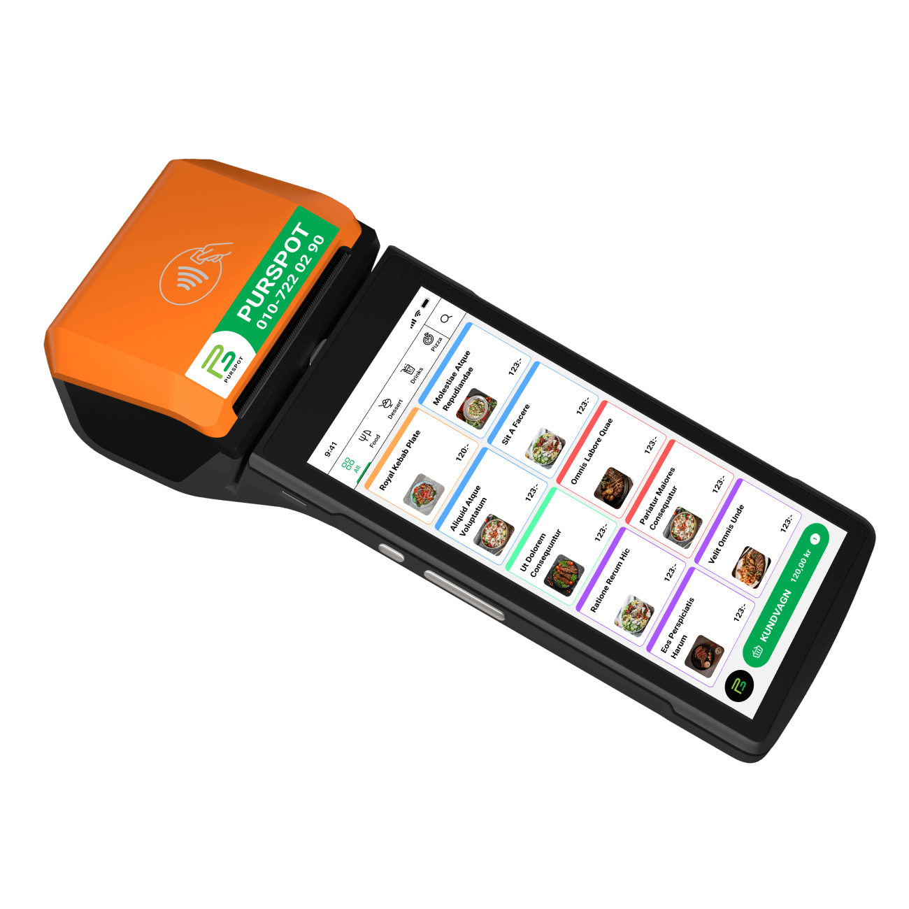 Purspot MiniPOS - bärbart kassasystem med inbyggd betalterminal och kvittoskrivare för smidig betalningshantering.