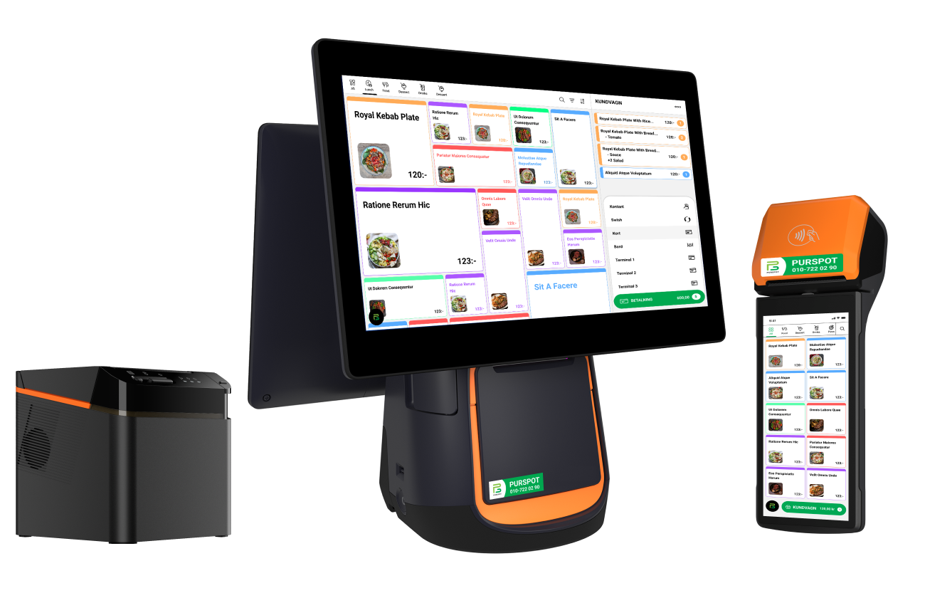 Purspot MaxiPOS och MiniPOS kassasystem med tillhörande skrivare för effektiv betalningshantering.