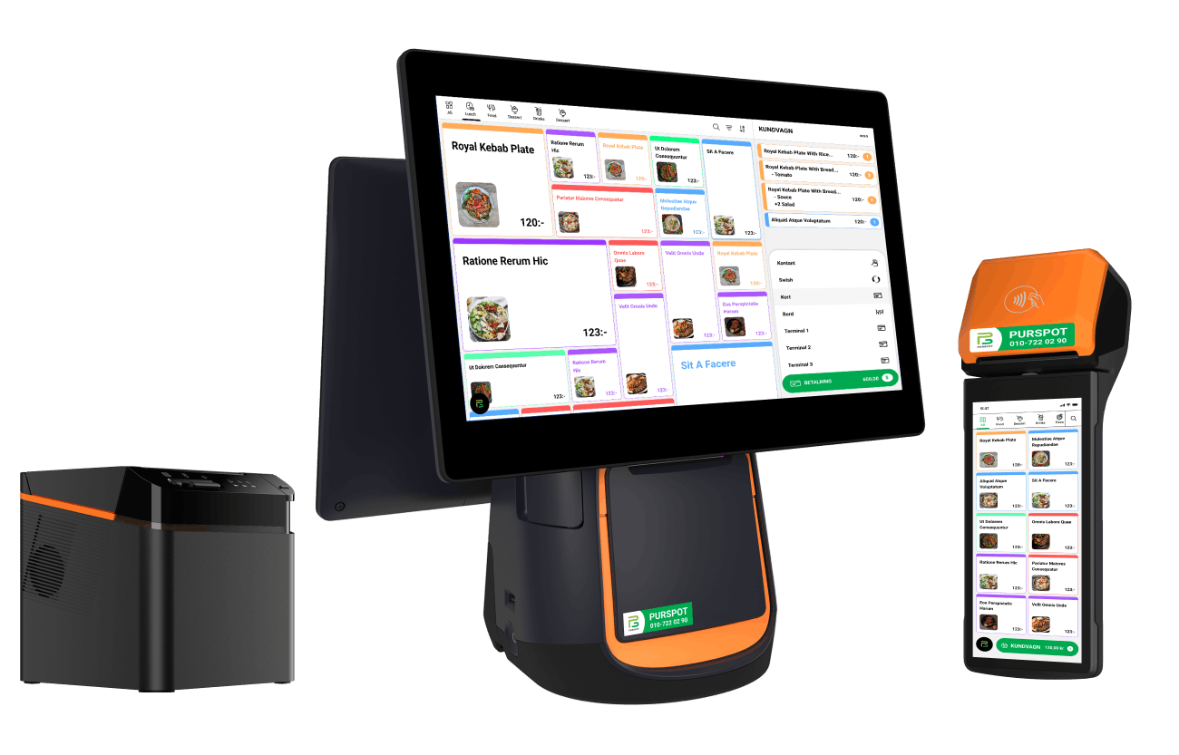 Purspot MaxiPOS, MiniPOS och skrivare - mångsidiga kassasystem med integrerade betal- och utskriftsfunktioner.