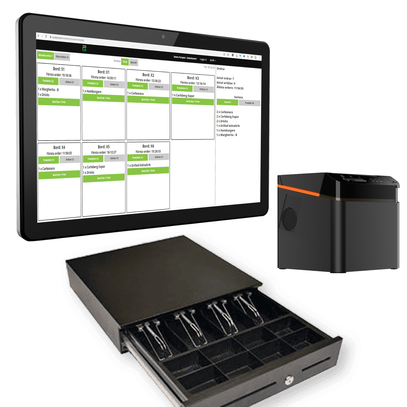KDS-skärm (kitchen display system) som visar ordrar i realtid för snabb kökshantering.