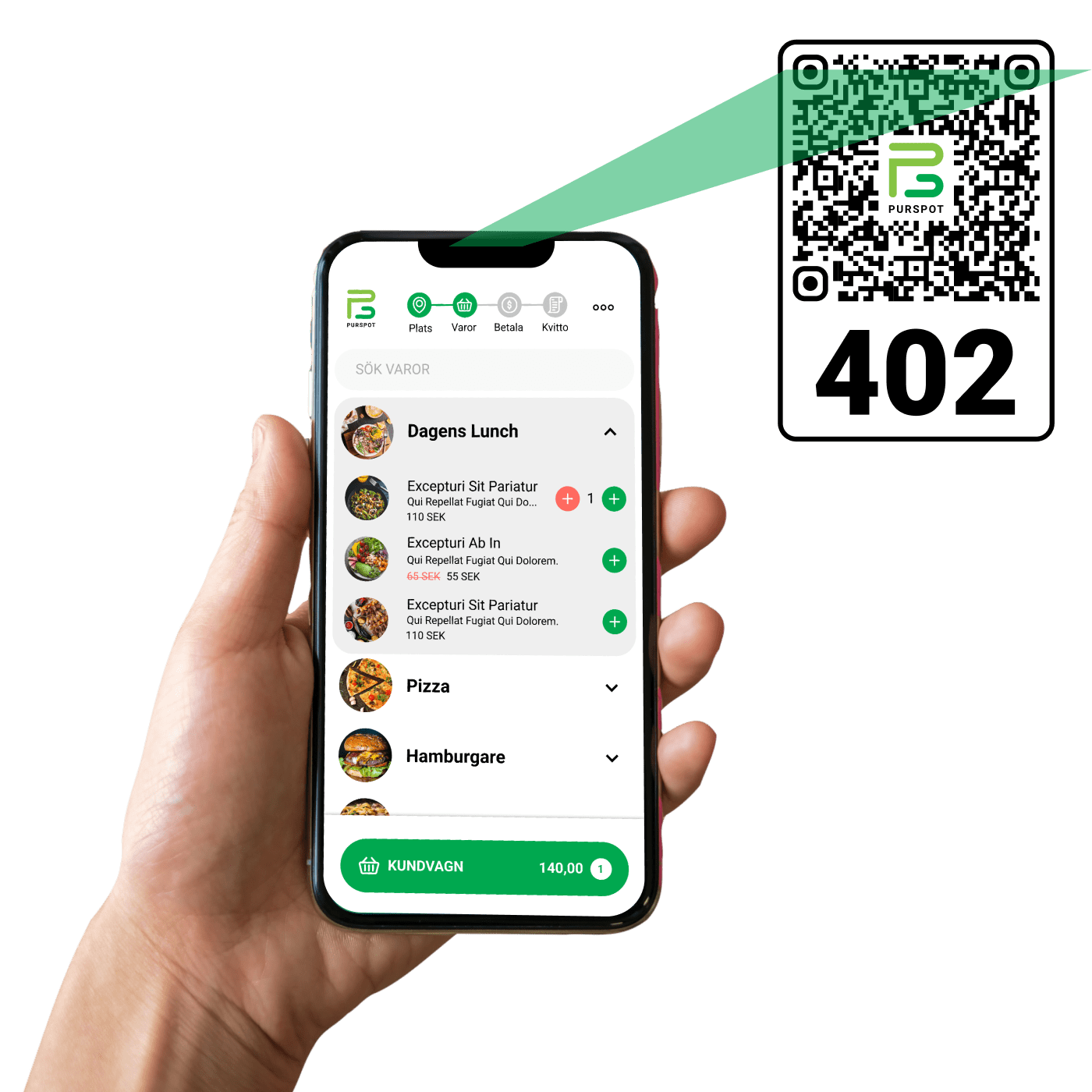 QR-kod för mobilbeställning och betalning via Purspot, integrerad med kassasystemet.