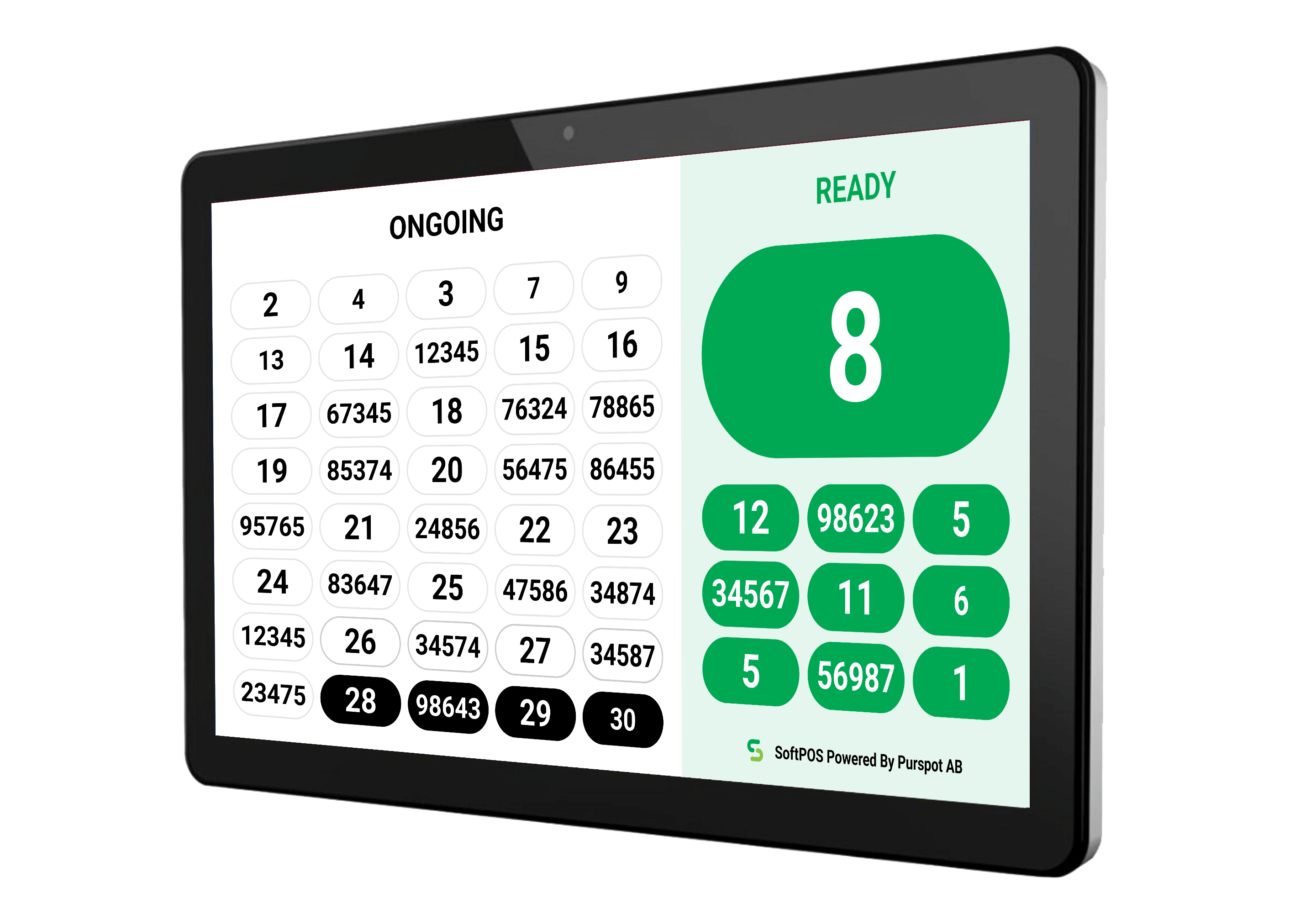 Digital nummerskärm som visar orderstatus för upphämtning.
