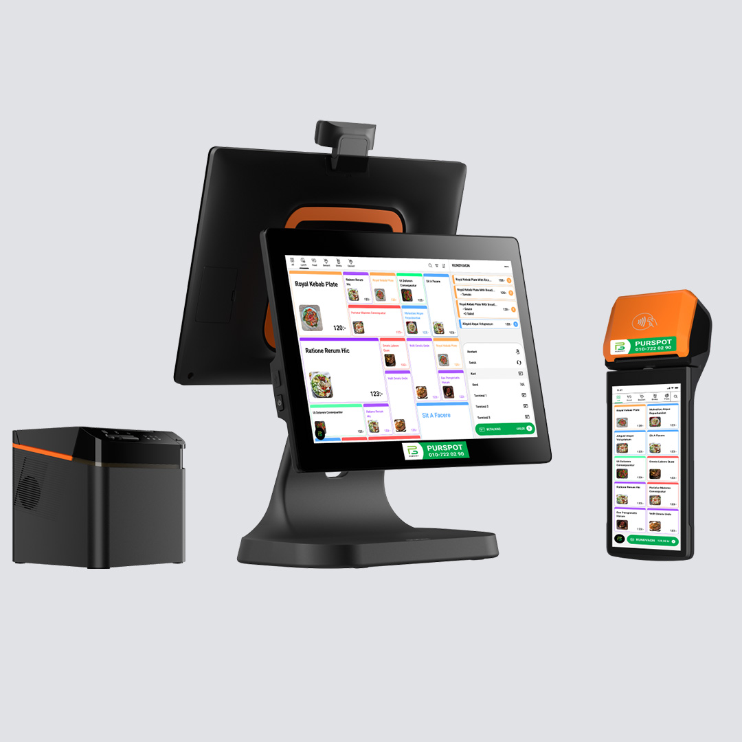Purspot MaxiPOS och MiniPOS kassasystem med tillhörande skrivare för effektiv betalningshantering.