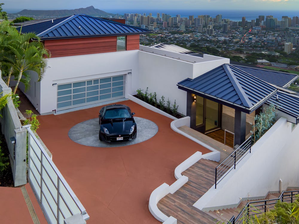Aerial view of rooftop garage.