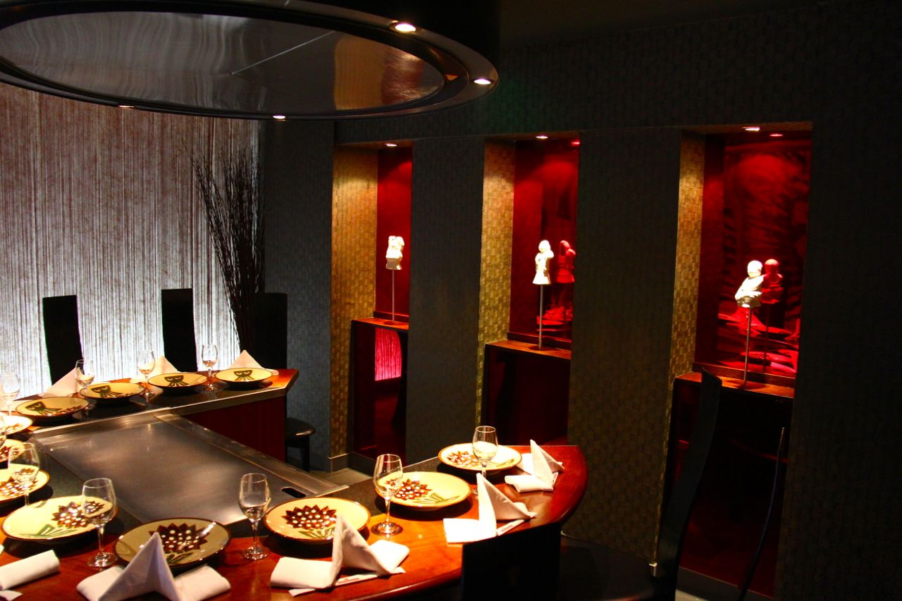 Dinner table at Benihana Restaurant at Chelsea, London with table settings