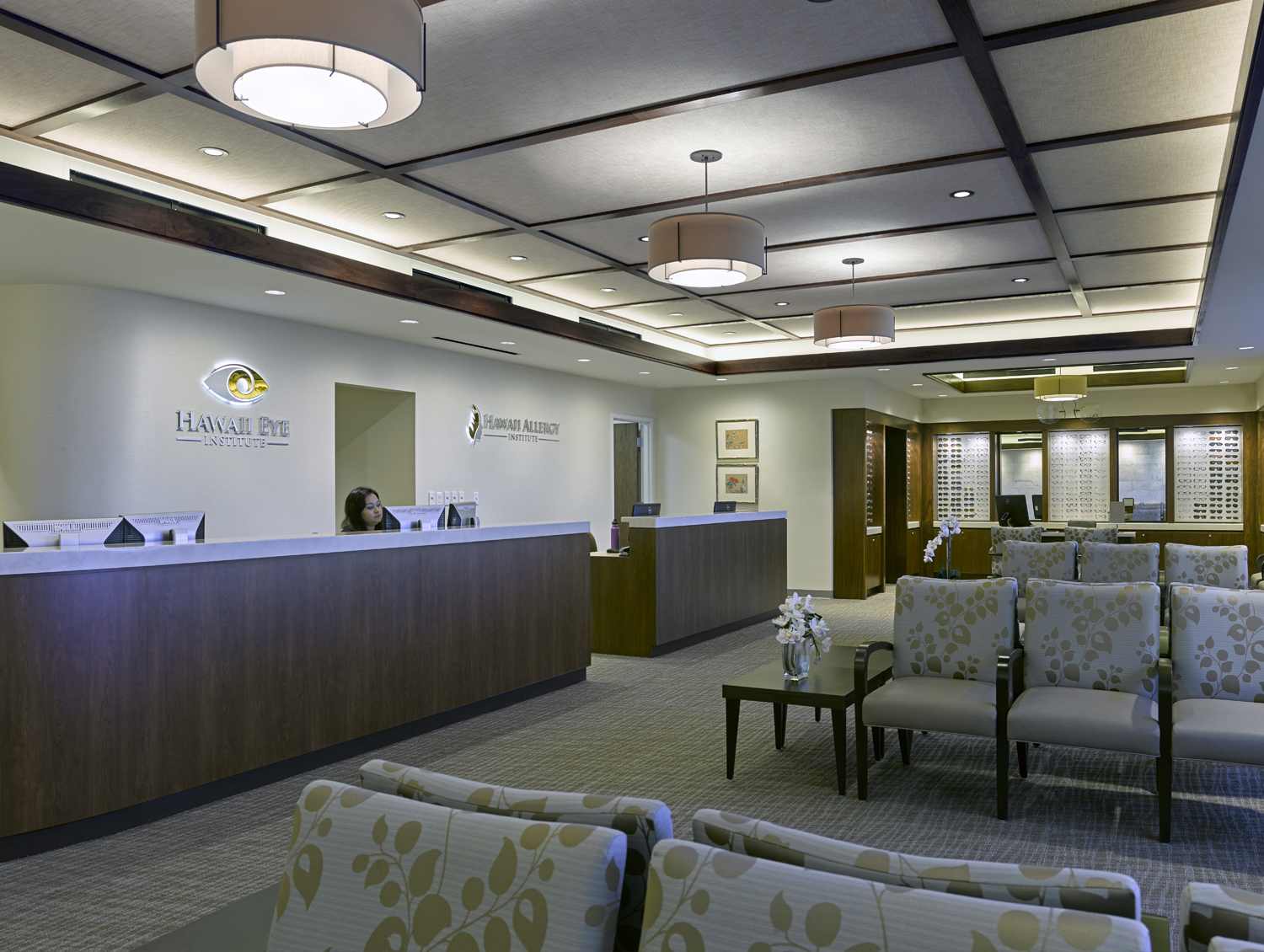 Reception desk and waiting area at Hawaii Eye Institute & Hawaii Allergy Institute