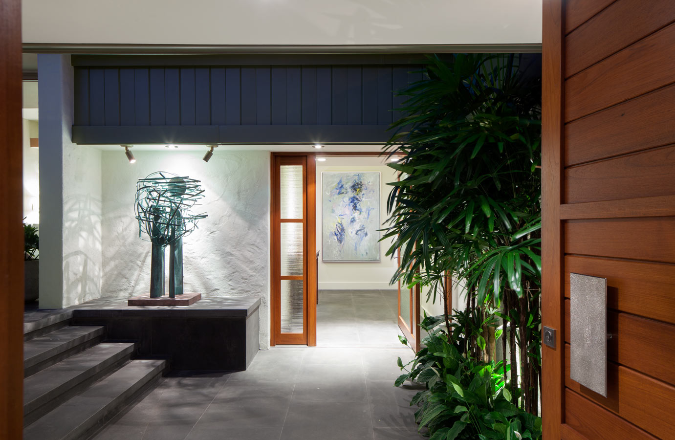 Outdoor hallways with art.