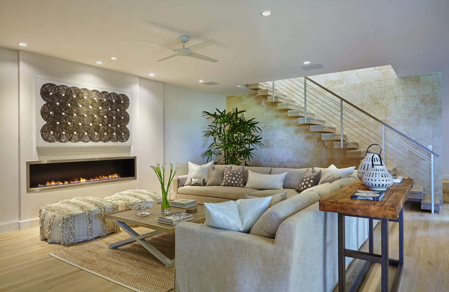 Living room with sofa and staircase