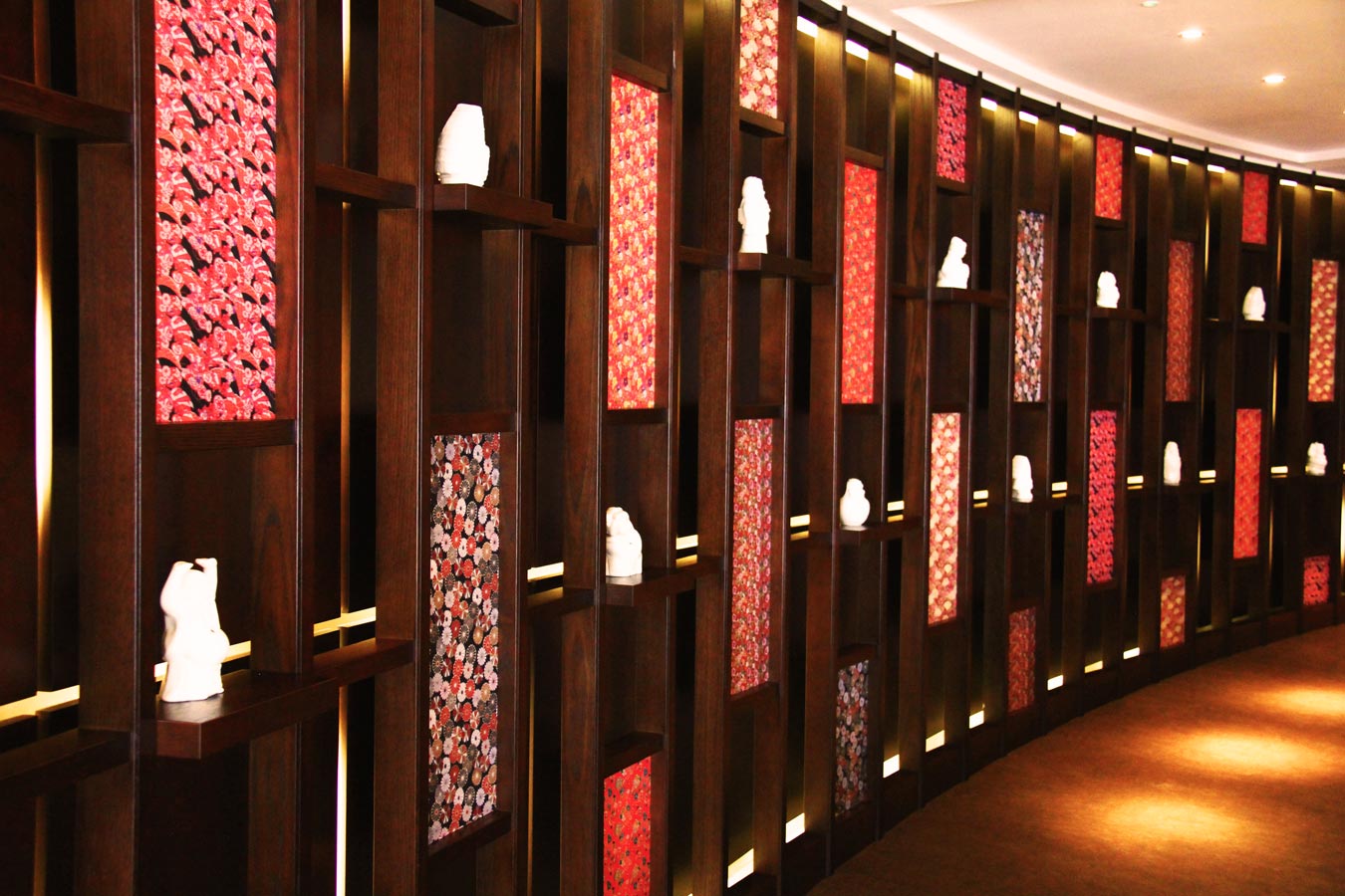 Artwork and small sculptures on walls at Benihana Restaurant at Piccadilly, London