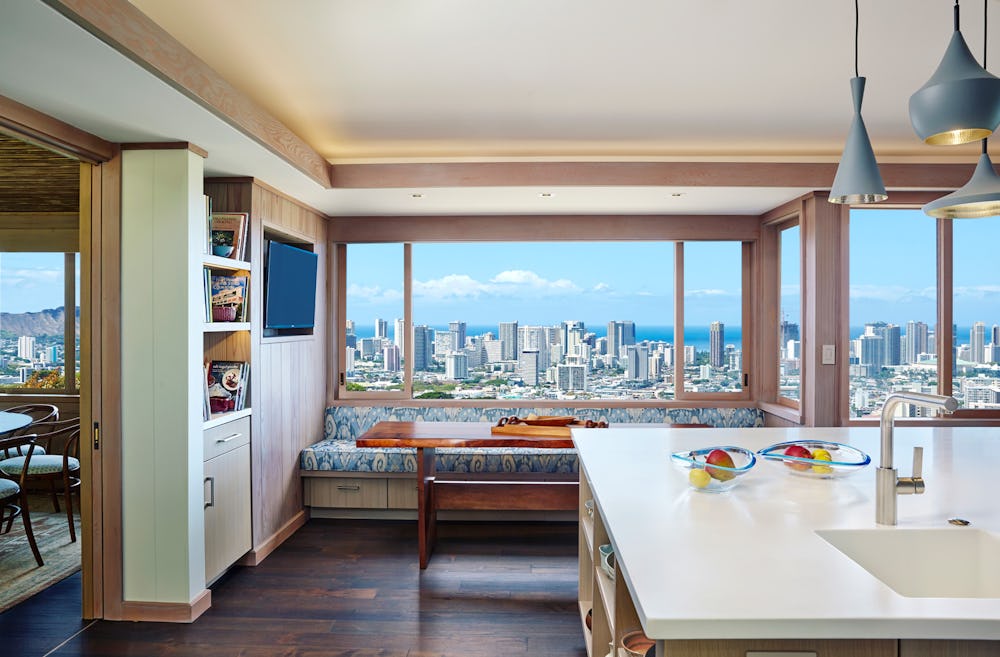 Kitchen and lounge with city view.
